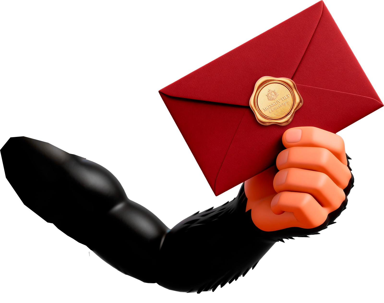 A hand presenting a wax-sealed Monkey Tilt invitation envelope